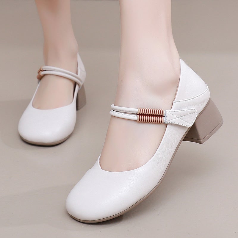 25 New Style One-Word With Four Seasons Mary Jane Comfortable Mid-Heel Round Toe Shallow Mouth Leather Top Layer Cowhide Small Size Mother Shoes - Image 5